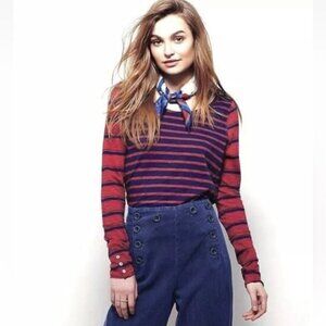 We the Free Burnt Red Blue Mix It Stripe Tee Women Small Long Sleeves Distressed